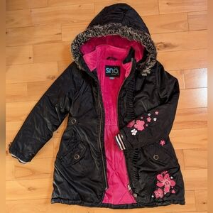 Black and Pink Snö Long Winter Jacket For Girls